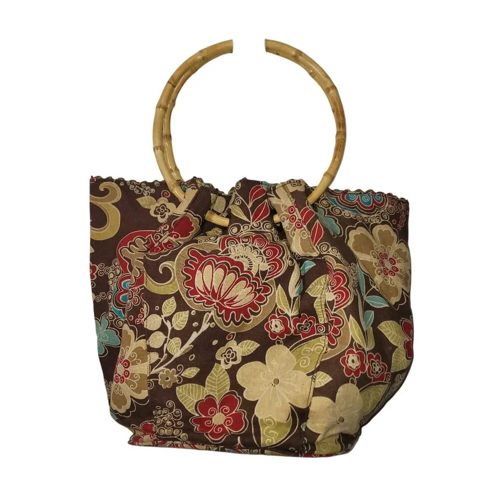 Tianni Floral Embroidered Boho Fabric Handbag With Bamboo Ring Handles